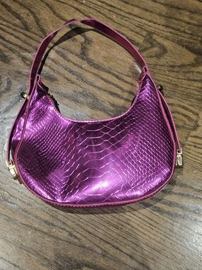 Metallic Fuchsia Snake-Embossed Shoulder Bag